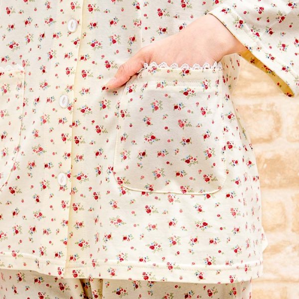 画像8: 肌にやさしい綿100％ パジャマレディース 春夏 七分袖八分パンツ 前開き やや薄い天竺ニット小花柄 ナイトウェア ルームウェア 母の日ギフト 部屋着 S/M/L/LL/3L (8)