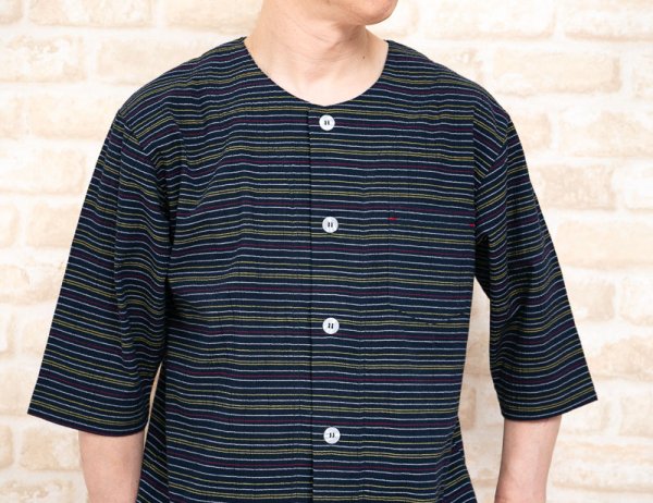 画像3: パジャマ メンズ 夏 前開き七分袖 八分パンツ 肌にやさしい綿100%サラッとして涼しい先染め楊柳生地カラーペンシルボーダーパンツは前開き M/L/LL/3Lサイズ展開 (3)