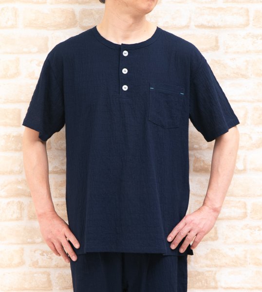 画像1: パジャマ メンズ 夏 綿100％軽くて涼しい先染めソフトコットン地 半開 半袖 七分パンツ(パンツ前開き）父の日 ナイトウェア ルームウェア 部屋着 M/L/LL/3L (1)