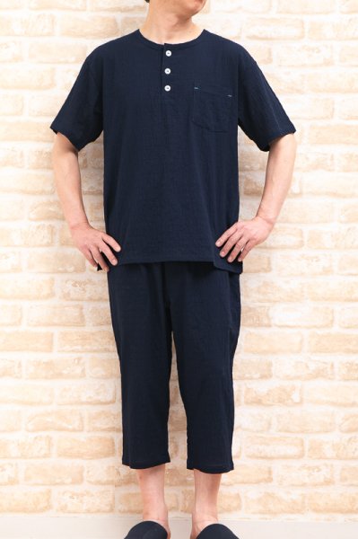 画像2: パジャマ メンズ 夏 綿100％軽くて涼しい先染めソフトコットン地 半開 半袖 七分パンツ(パンツ前開き）父の日 ナイトウェア ルームウェア 部屋着 M/L/LL/3L (2)