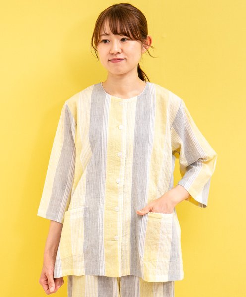 画像1: パジャマ レディース 夏 綿100％ 軽くて涼しいソフトコットン カラーストライプ 7分袖8分パンツ 前開き S/M/L/LL/3L 入院準備　母の日　敬老の日 (1)