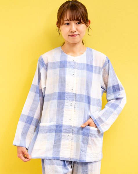 画像1: パジャマ レディース 春夏 綿100%軽くて涼しいワッシャー加工カラーチェック 前開き長袖 ナイトウェア ルームウェア 入院準備 母の日 敬老の日 M/L/LL/3L/4L (1)