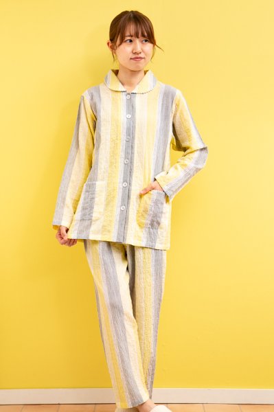 画像2: パジャマ レディース 春夏 綿100%軽くて涼しいソフトコットンランダムストライプ 前開き長袖 ナイトウェア ルームウェア 入院準備 母の日 敬老の日 S/M/L/LL (2)