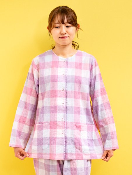 画像2: パジャマ レディース 春夏 綿100%軽くて涼しいワッシャー加工カラーチェック 前開き長袖 ナイトウェア ルームウェア 入院準備 母の日 敬老の日 M/L/LL/3L/4L (2)