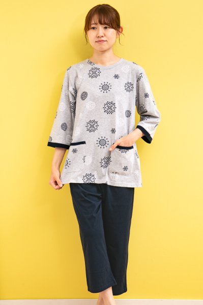 画像4: パジャマ レディース 春夏 七分袖八分パンツ かぶり 肌に優しい綿100% やや薄めニット地 プロヴァンス ナイトウェア ルームウェア S/M/L/LL/3L/4L  (4)