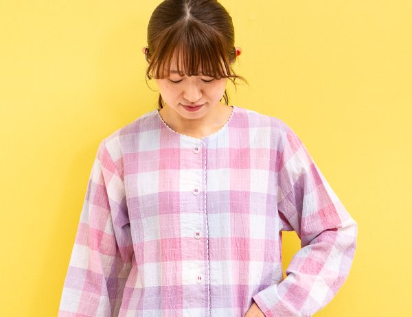 画像6: パジャマ レディース 春夏 綿100%軽くて涼しいワッシャー加工カラーチェック 前開き長袖 ナイトウェア ルームウェア 入院準備 母の日 敬老の日 M/L/LL/3L/4L (6)