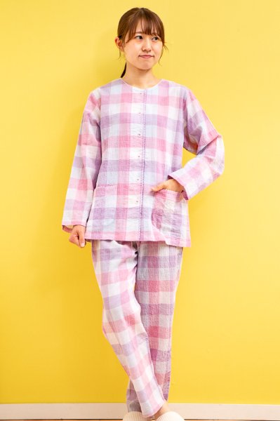 画像4: パジャマ レディース 春夏 綿100%軽くて涼しいワッシャー加工カラーチェック 前開き長袖 ナイトウェア ルームウェア 入院準備 母の日 敬老の日 M/L/LL/3L/4L (4)