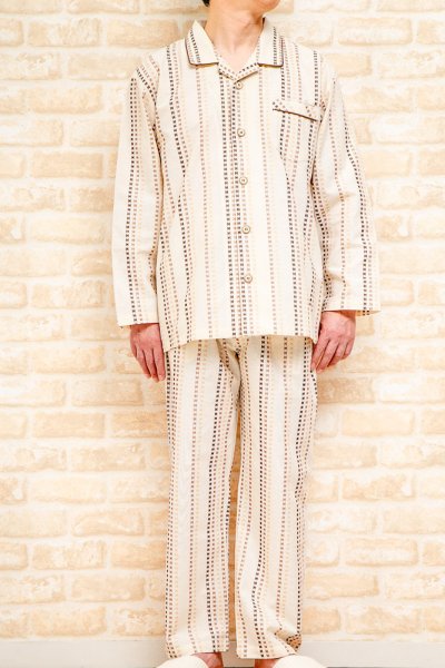 画像2: パジャマ メンズ 秋冬 長袖 前開き 肌に優しい綿100%先染め幾何ストライプ S/M/L/LL ナイトウェア ルームウェア 部屋着 入院準備  (2)