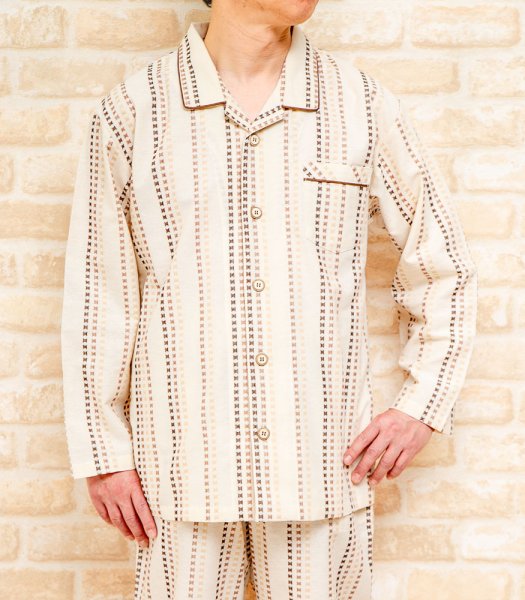 画像1: パジャマ メンズ 秋冬 長袖 前開き 肌に優しい綿100%先染め幾何ストライプ S/M/L/LL ナイトウェア ルームウェア 部屋着 入院準備  (1)