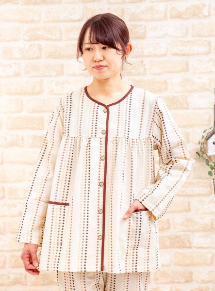 画像1: パジ ャマ レデイース 秋冬 肌にやさしい綿100％先染めドット織ストライプ地 前開き S/M/L/LL/3L 入院準備 ナイトウェア ルームウェア (1)