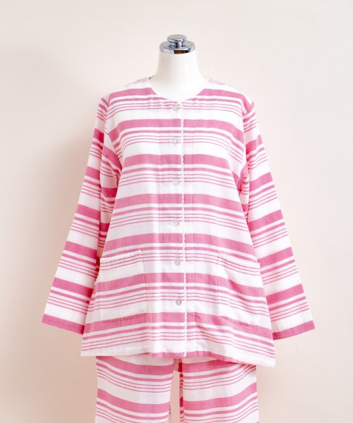 画像6: パジャマ レディース 肌にやさしい綿100％ ダブルガーゼボーダー 前開き長袖 春秋 ナイトウェア ルームウェア 部屋着 入院準備 母の日 (6)