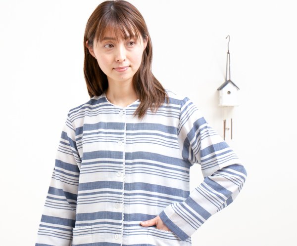 画像3: パジャマ レディース 肌にやさしい綿100％ ダブルガーゼボーダー 前開き長袖 春秋 ナイトウェア ルームウェア 部屋着 入院準備 母の日 (3)