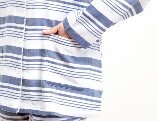 画像4: パジャマ レディース 肌にやさしい綿100％ ダブルガーゼボーダー 前開き長袖 春秋 ナイトウェア ルームウェア 部屋着 入院準備 母の日 (4)