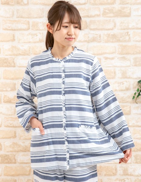 画像2: ダブルガーゼボーダー　肌にやさしい綿100％　パジャマ　レディース　ナイトウェア　ルームウェア　春初秋向き　【Sサイズ】【LLサイズ】入院準備 (2)