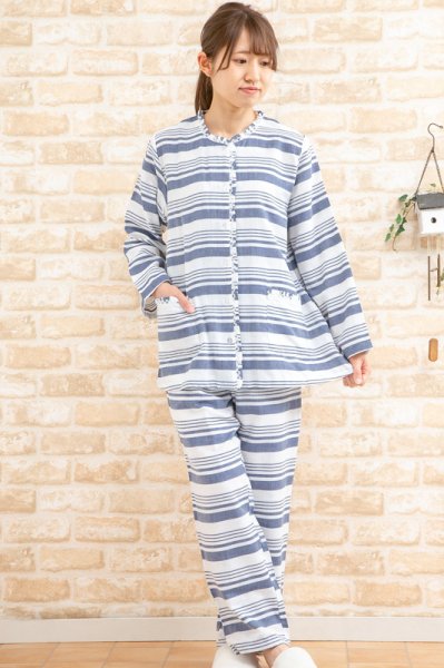 画像4: ダブルガーゼボーダー　肌にやさしい綿100％　パジャマ　レディース　ナイトウェア　ルームウェア　春初秋向き　【Sサイズ】【LLサイズ】入院準備 (4)