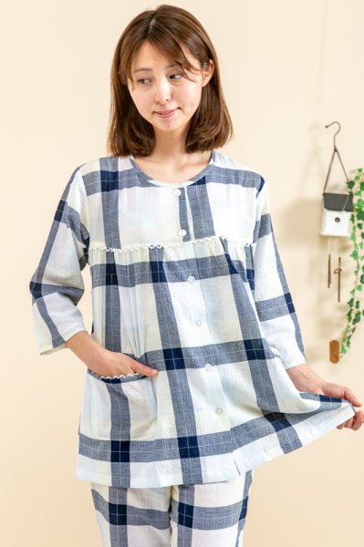 画像1: パジャマ レディース 半袖 8分パンツ 夏 サラサラして涼しく肌にやさしい綿100％　チェック柄 M/L/LL ルームウェア ナイトウェア (1)
