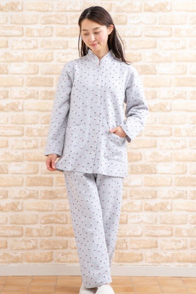 画像2: あたたかく肌にやさしい綿100％中わたニットキルト地 スタンドカラー前開きパジャマ レディース 冬長袖  小花 冬向き商品 入院準備 ナイトウェア 敬老の日 S/M/L/LL/3L/4L (2)