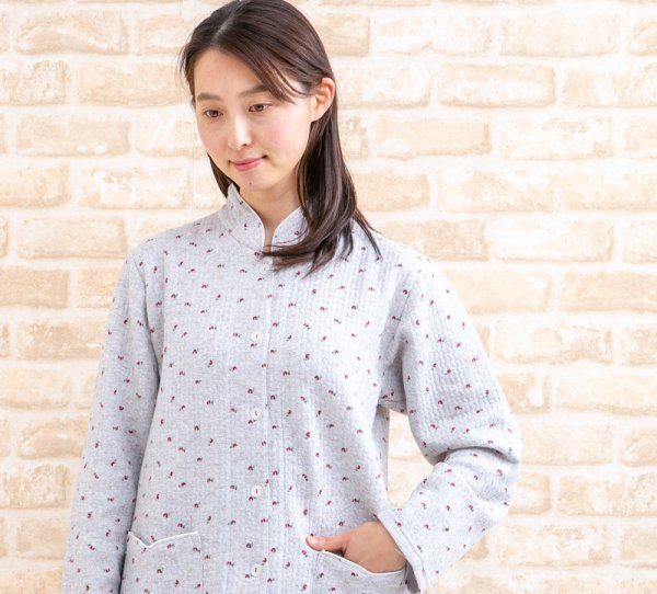 画像3: あたたかく肌にやさしい綿100％中わたニットキルト地 スタンドカラー前開きパジャマ レディース 冬長袖  小花 冬向き商品 入院準備 ナイトウェア 敬老の日 S/M/L/LL/3L/4L (3)