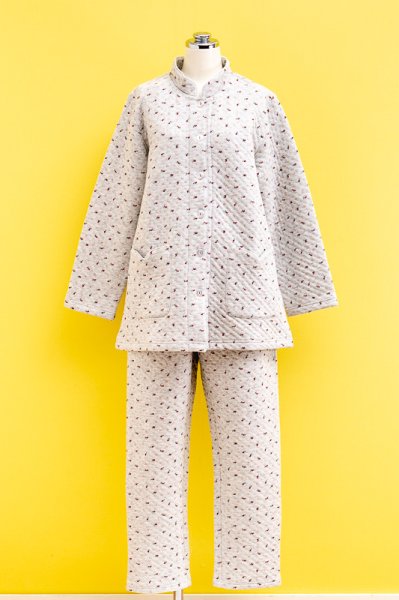 画像7: あたたかく肌にやさしい綿100％中わたニットキルト地 スタンドカラー前開きパジャマ レディース 冬長袖  小花 冬向き商品 入院準備 ナイトウェア 敬老の日 S/M/L/LL/3L/4L (7)